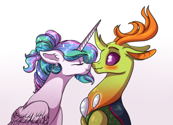 Size: 1960x1417 | Tagged: safe, artist:marbola, imported from derpibooru, princess celestia, thorax, alicorn, changedling, changeling, pony, alternate hairstyle, blushing, boop, eyes closed, female, king thorax, male, mare, noseboop, ponytail, shipping, smiling, stallion, straight, thoralestia, wavy mouth