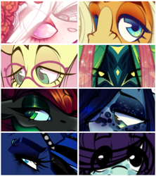 Size: 1701x1915 | Tagged: safe, artist:draw-draw-goose, artist:sylvanaurora, imported from derpibooru, fluttershy, princess luna, oc, alicorn, changeling, pegasus, pony, unicorn, changeling oc, eyememe, female, glasses, mare, punk luna