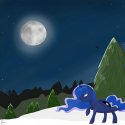 Size: 4000x4000 | Tagged: safe, artist:poowndraww, imported from derpibooru, princess luna, alicorn, bat, pony, female, mare, moon, snow, solo, tree