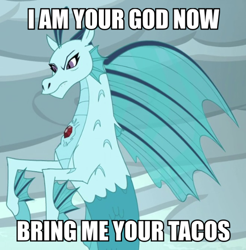 Size: 550x558 | Tagged: safe, edit, edited screencap, imported from derpibooru, screencap, sonata dusk, siren, season 7, shadow play, cropped, female, food, image macro, meme, solo, sonataco, taco, that girl sure loves tacos, that pony sure does love tacos, that siren sure does love tacos