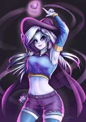 Size: 706x1000 | Tagged: safe, artist:the-park, imported from derpibooru, starlight glimmer, trixie, human, armpits, belly button, breasts, busty trixie, cape, clothes, cup, denim shorts, female, hat, humanized, magic, midriff, plushie, redo, shorts, simple background, socks, solo, tanktop, teacup, thigh highs, thighs, trixie's cape, trixie's hat, witch hat