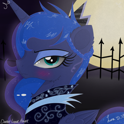 Size: 3500x3500 | Tagged: safe, artist:darkest-lunar-flower, imported from derpibooru, princess luna, alicorn, pony, blushing, braid, clothes, digital art, dress, female, fence, high res, looking at you, mare, moon, signature, solo