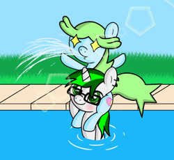 Size: 1080x992 | Tagged: safe, artist:akakun, artist:akakunda, imported from derpibooru, oc, oc:greenish fury, oc:smiley beam, earth pony, pony, unicorn, piggyback ride, shipping, starry eyes, swimming pool, wingding eyes