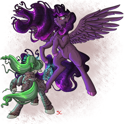 Size: 2000x2000 | Tagged: safe, artist:sourcherry, imported from derpibooru, oc, oc only, oc:emerald glint, alicorn, pony, unicorn, fallout equestria, alicorn oc, alien blaster, armor, artificial alicorn, bow, curly hair, fanfic, fanfic art, female, glowing horn, gun, handgun, hooves, horn, levitation, magic, mare, muscles, pistol, purple alicorn (fo:e), rear, rear view, rearing, scowl, scowling, telekinesis, wasteland ventures, weapon, wings