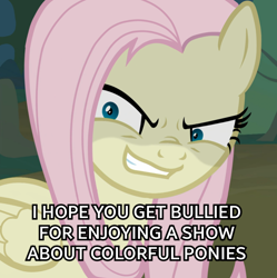 Size: 1024x1029 | Tagged: safe, edit, edited screencap, imported from derpibooru, screencap, mean fluttershy, pegasus, pony, the mean 6, caption, clone, cropped, edgy, female, image macro, in character, malediction, mare, meme, meta, solo