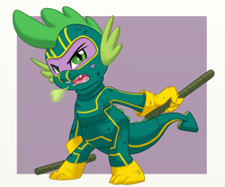 Size: 1200x1000 | Tagged: safe, artist:itstaylor-made, derpibooru exclusive, imported from derpibooru, spike, beaten up, clothes, eskrima sticks, fire, fire breath, kick-ass, male, solo, superhero, weapon