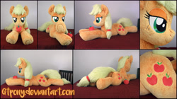 Size: 7267x4060 | Tagged: safe, artist:qtpony, imported from derpibooru, applejack, pony, absurd resolution, apple, food, irl, life size, photo, plushie, prone, solo