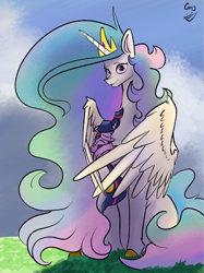 Size: 2983x3990 | Tagged: safe, artist:greyscaleart, imported from derpibooru, princess celestia, twilight sparkle, alicorn, pony, unicorn, the tiny apprentice, chest fluff, colored hooves, cradling, cute, cutelestia, eyes closed, female, filly, filly twilight sparkle, greyscaleart is trying to murder us, high res, hug, looking at you, mare, momlestia, sleeping, smol, twiabetes, unicorn twilight, winghug, younger