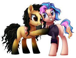 Size: 1600x1217 | Tagged: safe, artist:centchi, imported from derpibooru, oc, oc only, oc:mystery, oc:terra, earth pony, pony, clothes, eyeshadow, female, hug, makeup, mare, shirt, siblings, simple background, sisters, transparent background, watermark