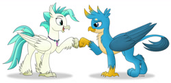 Size: 1700x824 | Tagged: safe, artist:littlehybridshila, imported from derpibooru, gallus, terramar, classical hippogriff, griffon, hippogriff, claws, duo, fist bump, looking at each other, looking at someone, male, open mouth, open smile, paws, signature, simple background, smiling, white background, wings