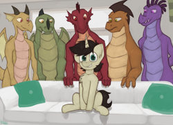 Size: 2335x1704 | Tagged: safe, artist:marsminer, imported from derpibooru, oc, oc only, oc:keith, dragon, pony, unicorn, couch, imminent gangbang, imminent sex, male, pillow, piper perri surrounded, sitting, smiling, stallion