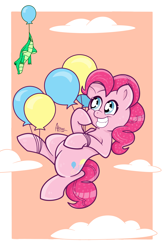 Size: 3300x5100 | Tagged: safe, artist:alemet-gur, imported from derpibooru, gummy, pinkie pie, earth pony, pony, balloon, cloud, female, floating, mare, sky, then watch her balloons lift her up to the sky