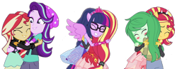 Size: 2048x797 | Tagged: safe, artist:php77, editor:php77, imported from derpibooru, sci-twi, starlight glimmer, sunset shimmer, twilight sparkle, wallflower blush, equestria girls, equestria girls series, forgotten friendship, mirror magic, spoiler:eqg specials, hug, ponied up, simple background, transparent background