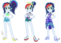 Size: 860x610 | Tagged: safe, artist:ilaria122, imported from derpibooru, oc, oc:sky, equestria girls, bandana, bracelet, choker, clothes, dress, feet, flip-flops, hand on hip, high heels, jewelry, legs, next generation, offspring, parent:rainbow dash, parent:soarin', parents:soarindash, party dress, piercing, ponytail, resort outflit, sandals, shoes, shorts, simple background, swimsuit, transparent background, wedge heel