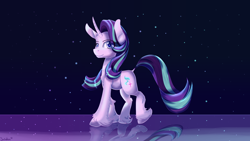 Size: 1920x1080 | Tagged: safe, artist:sintakhra, imported from derpibooru, starlight glimmer, pony, unicorn, chest fluff, curved horn, female, mare, reflection, smiling, solo, unshorn fetlocks