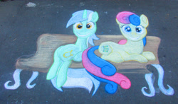 Size: 4170x2448 | Tagged: safe, artist:malte279, imported from derpibooru, bon bon, lyra heartstrings, sweetie drops, pony, bench, chalk drawing, female, lesbian, lyrabon, shipping, traditional art