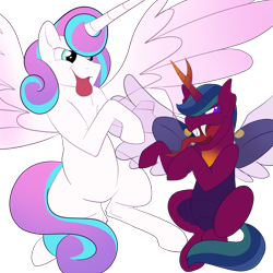 Size: 2048x2048 | Tagged: safe, artist:percy-mcmurphy, imported from derpibooru, princess flurry heart, oc, oc:alistair, alicorn, changedling, changeling, changepony, colored sclera, cousins, fangs, horn, hybrid wings, interspecies offspring, looking at each other, next generation, offspring, parent:thorax, parent:twilight sparkle, parents:twirax, playing, simple background, size difference, tongue out, transparent background