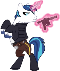 Size: 843x1000 | Tagged: safe, artist:cloudy glow, artist:cloudyglow, imported from derpibooru, shining armor, pony, unicorn, blaster, clothes, cosplay, costume, disney, glowing horn, han solo, magic, male, rearing, simple background, solo, star wars, telekinesis, transparent background, unshorn fetlocks