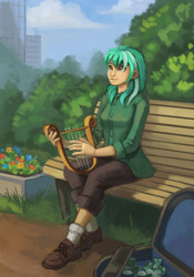 Size: 800x1140 | Tagged: safe, artist:asimos, artist:lexx2dot0, artist:maytee, imported from derpibooru, lyra heartstrings, human, fanfic:anthropology, bench, city, cloud, fanfic, fanfic art, female, flower, humanized, looking up, lyre, money, musical instrument, park, sitting, smiling, solo