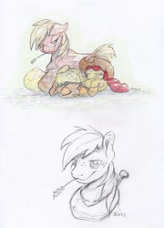 Size: 2274x3167 | Tagged: safe, artist:dilarus, deleted from derpibooru, imported from derpibooru, apple bloom, applejack, big macintosh, earth pony, pony, brother and sister, colored pencil drawing, cowboy hat, female, filly, hat, horse collar, male, mare, pencil drawing, siblings, signature, stallion, traditional art, trio