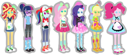 Size: 8445x3691 | Tagged: safe, artist:epsilontlosdark4, imported from derpibooru, applejack, fluttershy, pinkie pie, rainbow dash, rarity, sci-twi, sunset shimmer, twilight sparkle, eqg summertime shorts, equestria girls, good vibes, chibi, clothes, converse, humane five, humane seven, humane six, pointy people, server pinkie pie, shoes, simple background, sneakers, sunset sushi, transparent background, zettai ryouiki