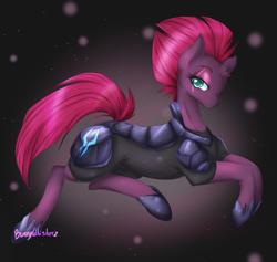 Size: 1563x1484 | Tagged: safe, artist:bunnywhiskerz, imported from derpibooru, tempest shadow, pony, unicorn, my little pony: the movie, abstract background, armor, broken horn, colored pupils, eye scar, female, lidded eyes, looking at you, mare, scar, signature, solo