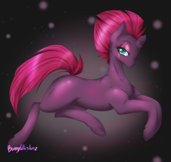 Size: 1563x1484 | Tagged: safe, alternate version, artist:bunnywhiskerz, imported from derpibooru, tempest shadow, pony, unicorn, abstract background, blank flank, broken horn, colored pupils, eye scar, female, lidded eyes, looking at you, mare, scar, signature, solo