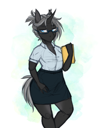 Size: 2550x3300 | Tagged: safe, artist:askbubblelee, imported from derpibooru, oc, oc only, oc:imago, anthro, unicorn, adorasexy, anthro oc, beautiful, blue eyes, breasts, business suit, businessmare, chest fluff, clothes, curved horn, cute, ear fluff, female, folder, glasses, grey hair, horn, lidded eyes, looking away, mare, meganekko, narrowed eyes, ocbetes, pencil skirt, ponified, ponytail, sexy, shirt, simple background, skirt, solo, species swap, sweat, unicornified