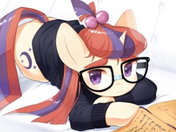 Size: 2048x1536 | Tagged: safe, artist:30clock, imported from derpibooru, moondancer, pony, unicorn, amending fences, book, cute, female, glasses, horn, lying down, mare, prone, sad, sadorable, solo