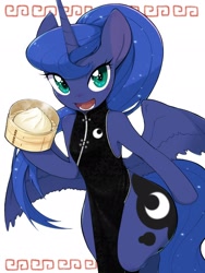 Size: 1536x2048 | Tagged: safe, artist:30clock, imported from derpibooru, princess luna, alicorn, semi-anthro, bottom heavy, cheongsam, clothes, dress, dumplings, female, food, looking at you, mare, open mouth, side slit, solo, total sideslit, wide hips