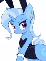 Size: 1536x2048 | Tagged: safe, artist:30clock, imported from derpibooru, trixie, pony, semi-anthro, unicorn, :o, blushing, breasts, bunny ears, bunny suit, clothes, cufflinks, cuffs (clothes), cute, delicious flat chest, diatrixes, female, glare, hind legs, legs together, leotard, looking at you, mare, open mouth, playboy bunny, simple background, solo, tsundere, tsunderixie, white background