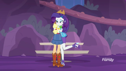 Size: 1280x720 | Tagged: safe, imported from derpibooru, screencap, applejack, rarity, equestria girls, equestria girls series, rollercoaster of friendship, boots, clothes, discovery family logo, foot popping, gem, hug, jacket, jewelry, park, reunited, shipping fuel, shoes