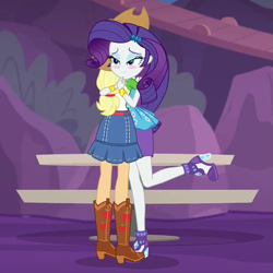 Size: 621x620 | Tagged: safe, imported from derpibooru, screencap, applejack, rarity, equestria girls, equestria girls series, rollercoaster of friendship, boots, clothes, cropped, discovery family logo, foot popping, gem, hug, jacket, jewelry, park, rarity peplum dress, reunited, shipping fuel, shoes