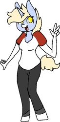 Size: 397x806 | Tagged: safe, artist:nootaz, imported from derpibooru, oc, oc only, oc:nootaz, anthro, unguligrade anthro, unicorn, anthro oc, clothes, open mouth, peace sign, simple background, solo, transparent background