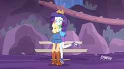 Size: 1280x720 | Tagged: safe, imported from derpibooru, screencap, applejack, rarity, equestria girls, equestria girls series, rollercoaster of friendship, boots, clothes, discovery family logo, foot popping, gem, hug, jacket, jewelry, one leg raised, park, reunited, shipping fuel, shoes