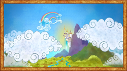 Size: 1280x720 | Tagged: safe, imported from derpibooru, screencap, friendship is magic, book, canterlot, castle, cloud, cloudsdale, equestria, illustration, it begins, no pony, pony history, scenery, start of ponies