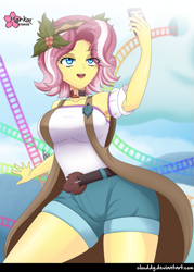 Size: 717x1000 | Tagged: safe, artist:clouddg, imported from derpibooru, vignette valencia, equestria girls, equestria girls series, rollercoaster of friendship, breasts, busty vignette valencia, cellphone, clothes, female, hips, legs, open mouth, phone, selfie, sexy, shorts, signature, smartphone, solo, thick, thighs, wide hips