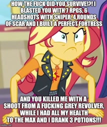 Size: 500x593 | Tagged: safe, edit, edited screencap, imported from derpibooru, screencap, sci-twi, sunset shimmer, twilight sparkle, equestria girls, equestria girls series, rollercoaster of friendship, angry, cropped, exploitable meme, fortnite, frown, furious, glare, image macro, meme, solo focus, vulgar