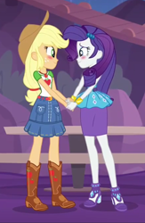 Size: 658x1009 | Tagged: safe, imported from derpibooru, screencap, applejack, rarity, equestria girls, equestria girls series, rollercoaster of friendship, blushing, cropped, female, looking at each other, rarity peplum dress, shipping fuel