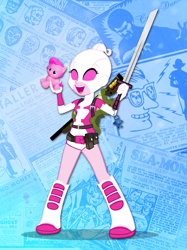 Size: 896x1200 | Tagged: safe, artist:pixelkitties, imported from derpibooru, pinkie pie, equestria girls, boots, female, gun, gwenpool, irl, mask, photo, playskool, playskool friends, shoes, sword, toy, weapon