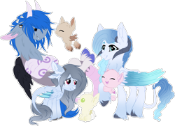 Size: 2068x1497 | Tagged: safe, artist:kryptidkitty, artist:mourningfog, imported from derpibooru, oc, oc only, oc:azure, oc:cosmic hijinx, oc:malteasers, oc:pistachio, oc:shortcake, oc:snowstorm, draconequus, dracony, hybrid, pegasus, pony, baby, draconequus oc, family, horns, simple background, size difference, transparent background, triplets