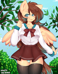 Size: 2280x2880 | Tagged: safe, artist:vonnir, imported from derpibooru, oc, oc only, oc:amora bunny, anthro, pegasus, bowtie, clothes, female, looking at you, panties, school uniform, solo, stockings, thigh highs, underwear