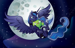 Size: 1920x1242 | Tagged: safe, artist:poofiemus, imported from derpibooru, princess luna, alicorn, pony, crossover, crown, female, final space, full moon, jewelry, mare, moon, mooncake (final space), night, regalia