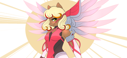 Size: 1374x640 | Tagged: safe, artist:ponycide, imported from derpibooru, oc, oc only, oc:cheese breeze, anthro, anthro oc, blushing, clothes, costume, crossover, eyelashes, female, lidded eyes, looking at you, mercy, overwatch, smiling, smirk, solo, suit, tight clothing