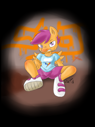 Size: 1024x1365 | Tagged: safe, artist:roxenmaratoun, imported from derpibooru, scootaloo, anthro, clothes, female, shirt, shorts, solo, watermark