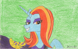 Size: 1561x980 | Tagged: safe, artist:hericks, imported from derpibooru, sassy saddles, pony, female, green background, signature, simple background, smiling, solo, traditional art