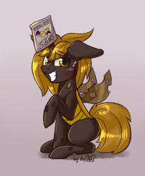 Size: 1109x1340 | Tagged: safe, artist:dsp2003, imported from derpibooru, oc, oc only, oc:chips, changeling, changeling queen, pony, 30 minute art challenge, blushing, brown changeling, caught, changeling oc, changeling queen oc, chips, digital art, female, food, gradient background, grin, hiding in plain sight, looking at you, mare, nervous, nervous grin, raised hoof, smiling, solo, sweatdrop