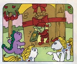 Size: 276x227 | Tagged: safe, imported from derpibooru, spike (g1), comic:my little pony (g1), apple delight family, apple goblin, book, g1, ribbon, the cross apple goblin, tree