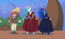 Size: 1690x1020 | Tagged: safe, artist:carnifex, imported from derpibooru, princess celestia, princess luna, anthro, human, unguligrade anthro, bowing, clothes, curtsey, dress, ethereal mane, eyes closed, harald fairhair, helmet, royal sisters, starry mane, trio, viking helmet