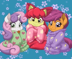 Size: 906x748 | Tagged: safe, artist:latecustomer, imported from derpibooru, apple bloom, scootaloo, sweetie belle, earth pony, pegasus, pony, unicorn, :p, adorabloom, bow, clothes, cute, cutealoo, cutie mark crusaders, diasweetes, female, filly, looking at you, oversized clothes, silly, smiling, sweater, tongue out, trio, weapons-grade cute